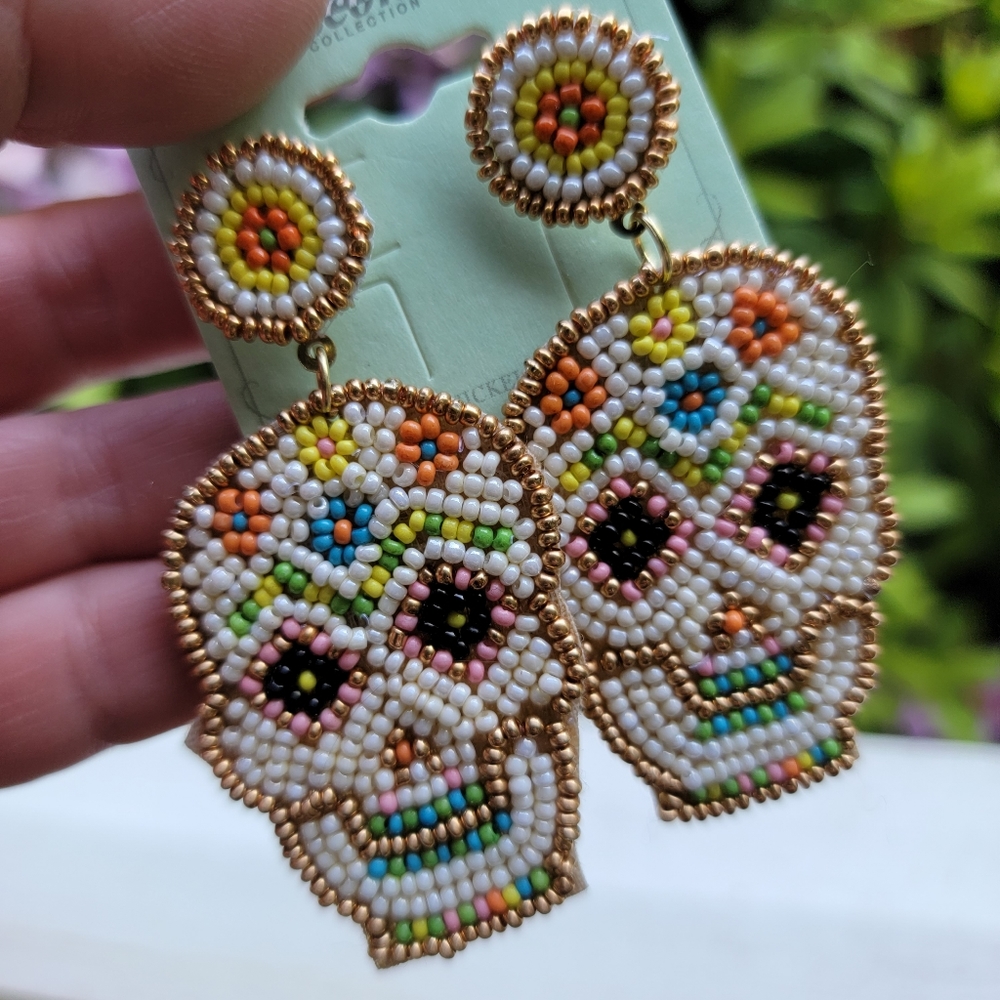 💀🤤 Sugar Skull Day of the Dead dia de los Muertos Seed bead Earrings NWT